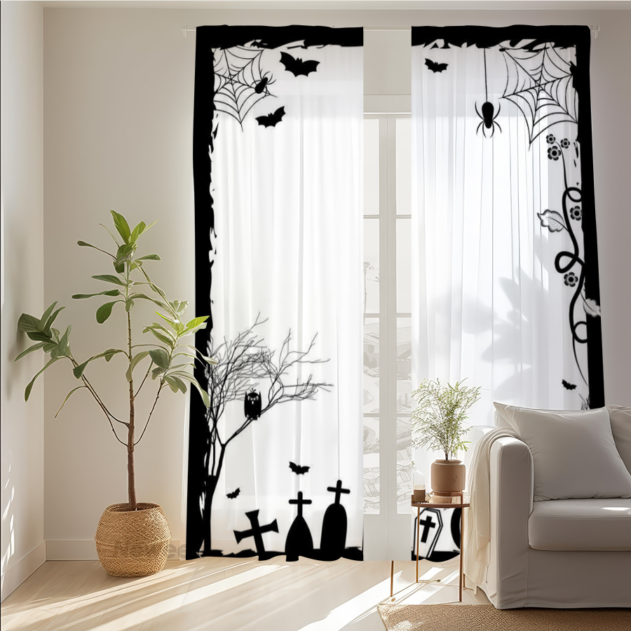 2PCS Digital Print Sheer Curta - Spider Web Halloween Decoration review and price